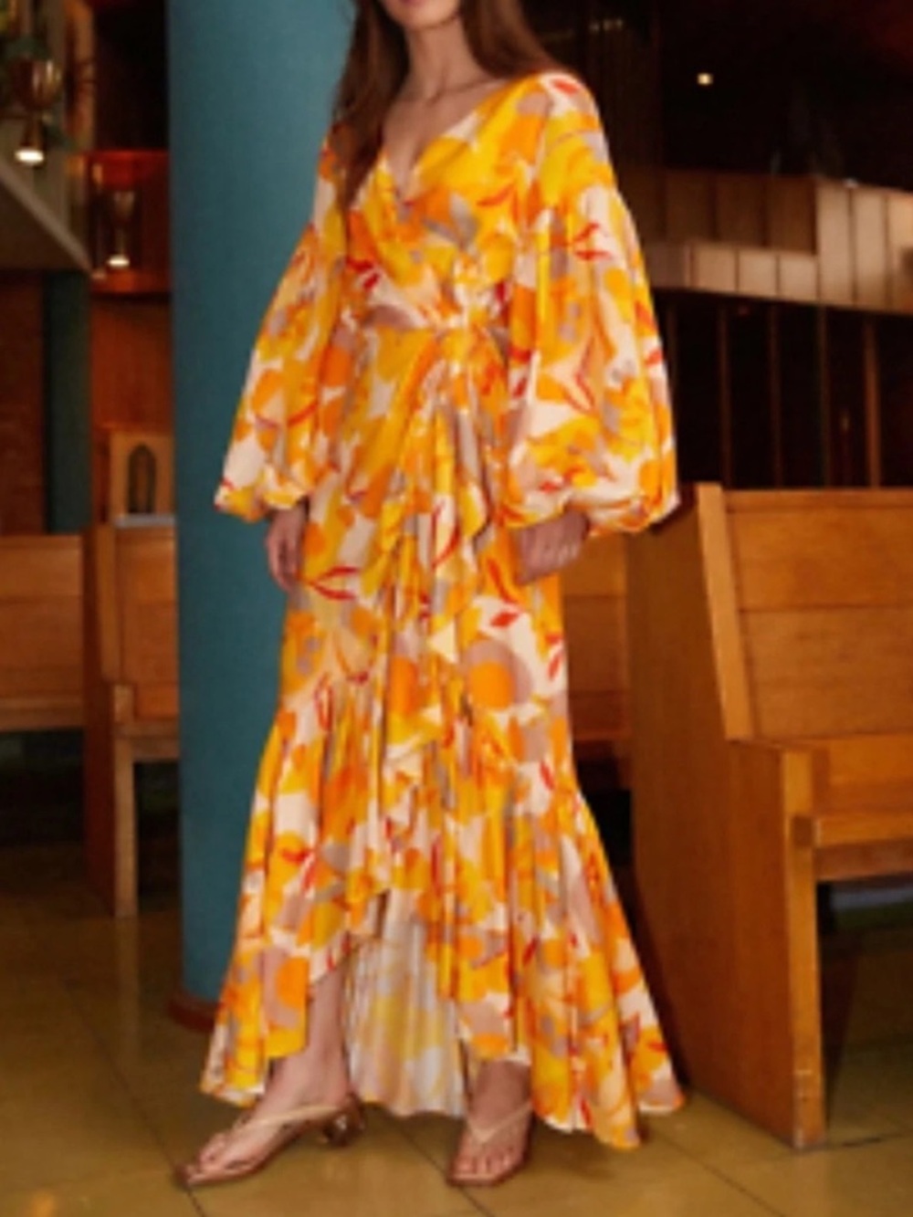 Acler Yellow, Orange & Cream Abstract Wrap Maxi Dress